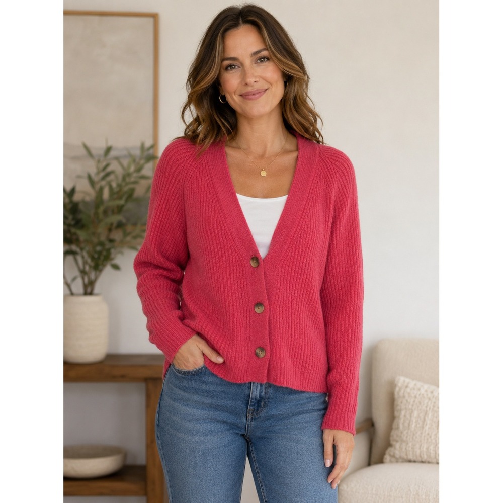 Old Navy Women's Large Tall Pink Ribbed‎ Knit Cardigan Sweater Button Front